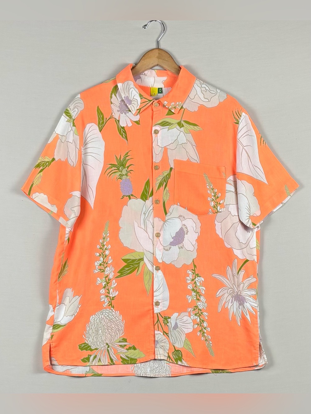 FARM Rio Orange Tropical Floral Button Down Shirt Oversized Linen Blend
